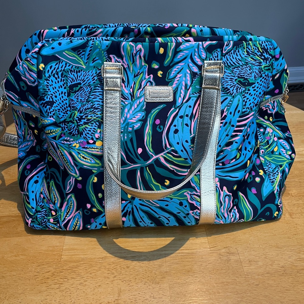Lilly Pulitzer Blue and Gold Travel Bag with Tropical Design